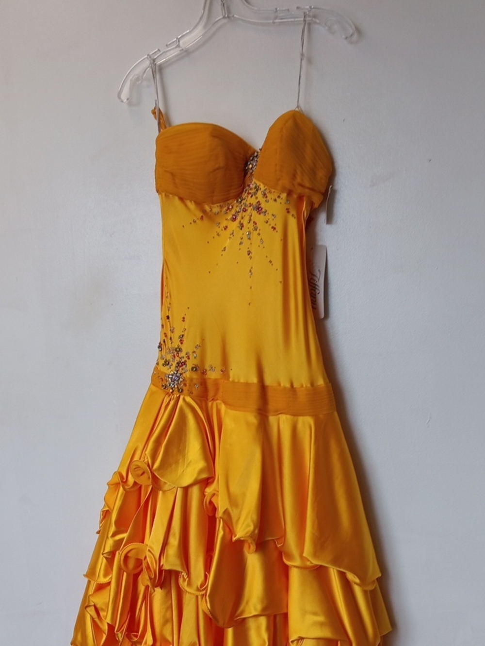 Vintage Yellow Ruffled Satin Evening Dress with Crystal Accents